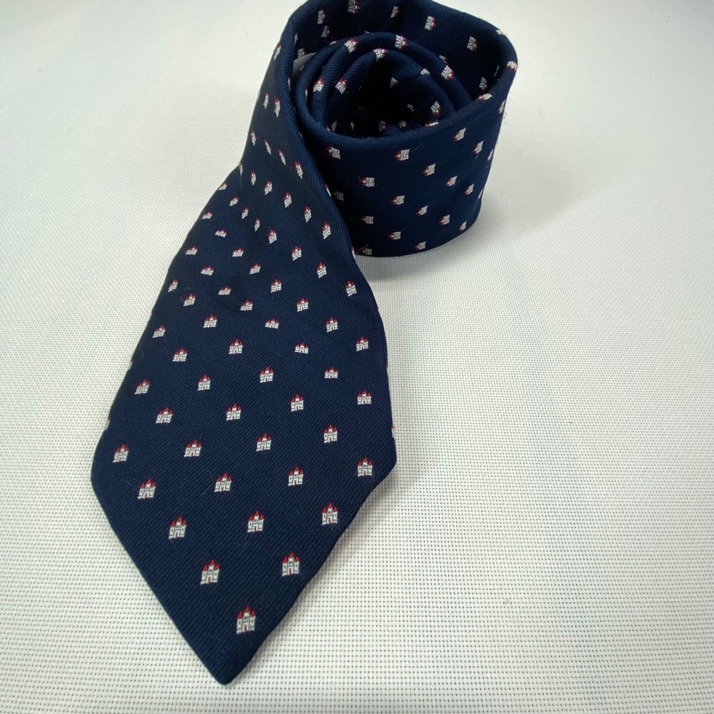 Vintage Trophy Cup Navy Blue Necktie Mini Castle Print 100% Polyester